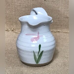 Vintage Off White Pink Flower Creamer Art Pottery Unique Handle Rustic Farmhouse